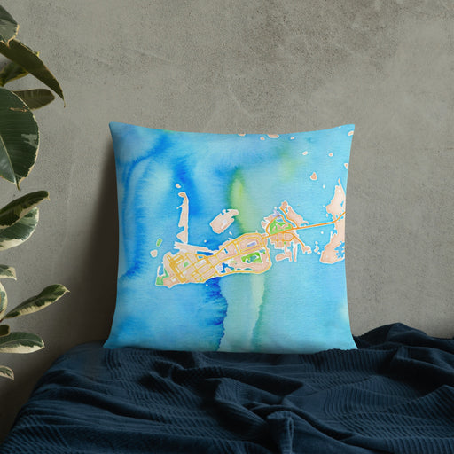 Custom Key West Florida Map Throw Pillow in Watercolor on Bedding Against Wall