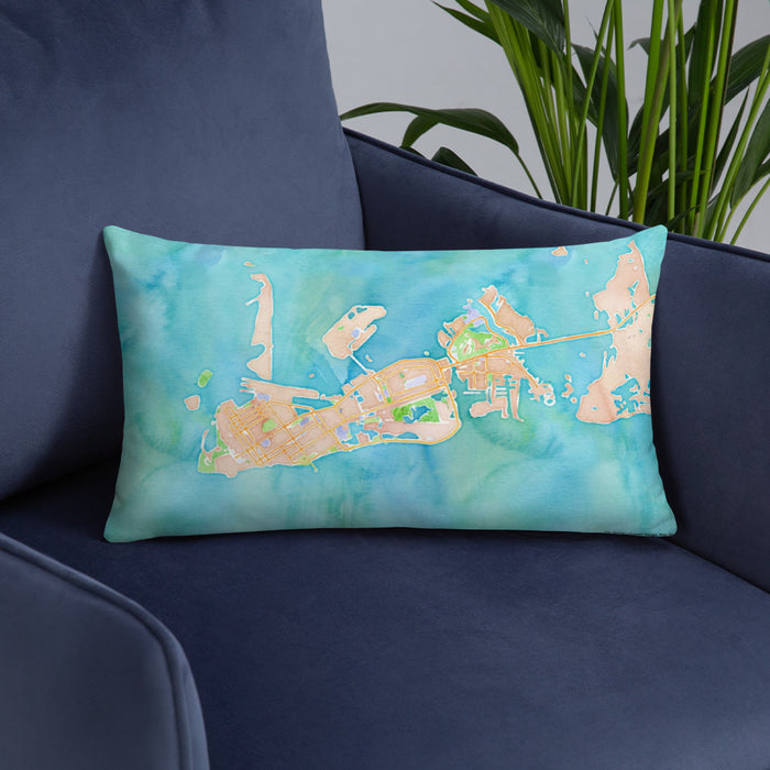 Custom Key West Florida Map Throw Pillow in Watercolor on Blue Colored Chair