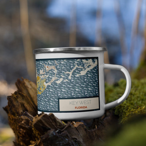 Right View Custom Key West Florida Map Enamel Mug in Woodblock on Grass With Trees in Background