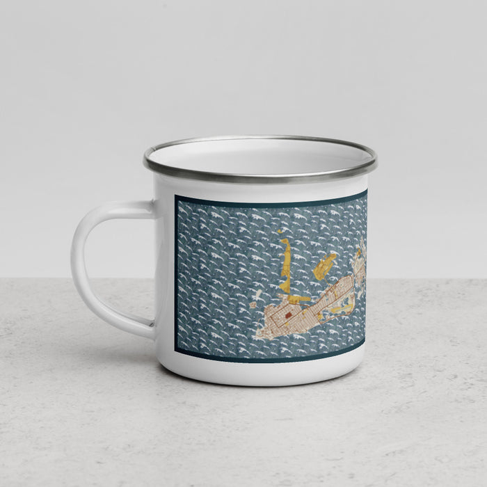 Left View Custom Key West Florida Map Enamel Mug in Woodblock