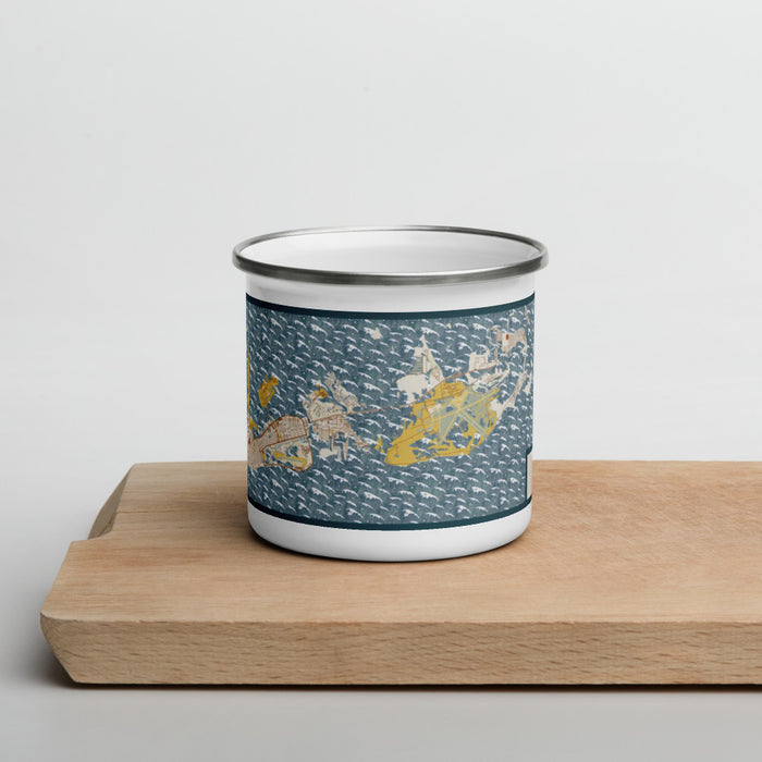 Front View Custom Key West Florida Map Enamel Mug in Woodblock on Cutting Board