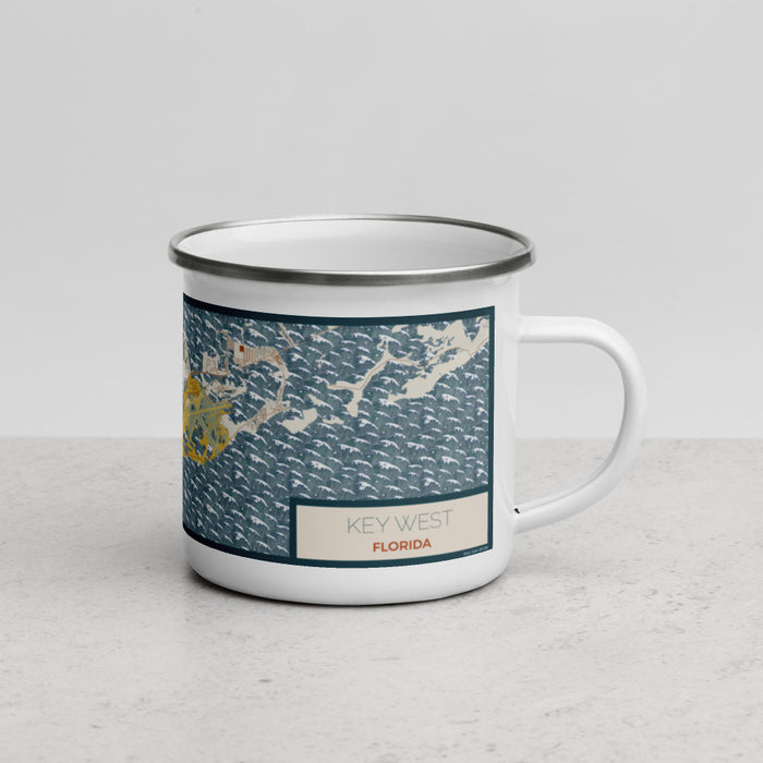 Right View Custom Key West Florida Map Enamel Mug in Woodblock