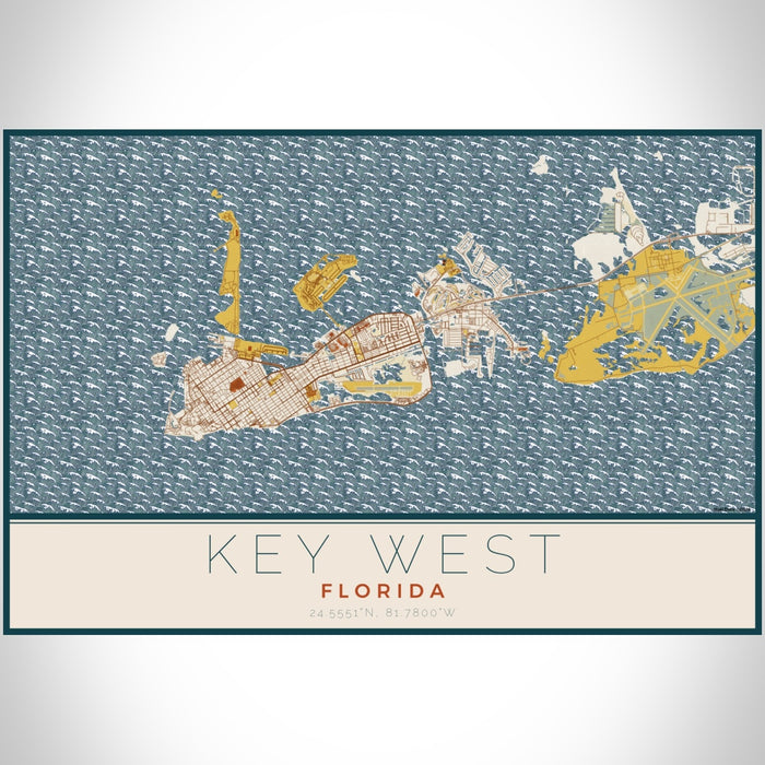 Key West Florida Map Print Landscape Orientation in Woodblock Style With Shaded Background
