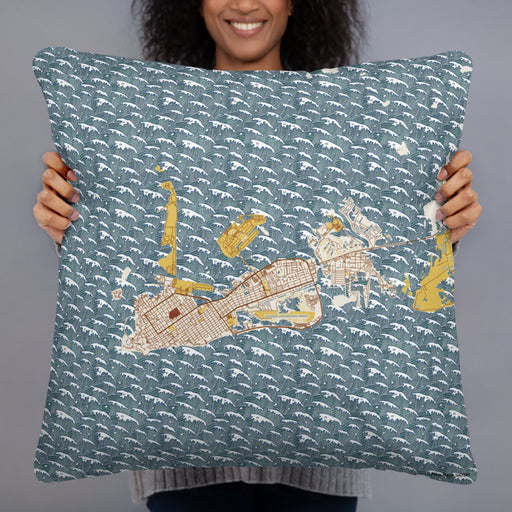 Person holding 22x22 Custom Key West Florida Map Throw Pillow in Woodblock