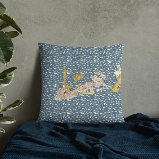 Custom Key West Florida Map Throw Pillow in Woodblock on Bedding Against Wall