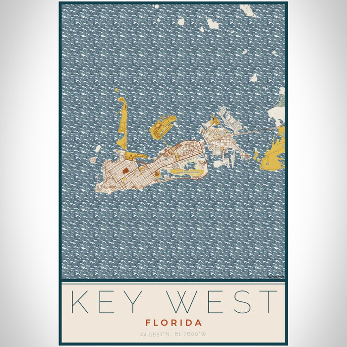 Key West Florida Map Print Portrait Orientation in Woodblock Style With Shaded Background