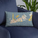 Custom Key West Florida Map Throw Pillow in Woodblock on Blue Colored Chair