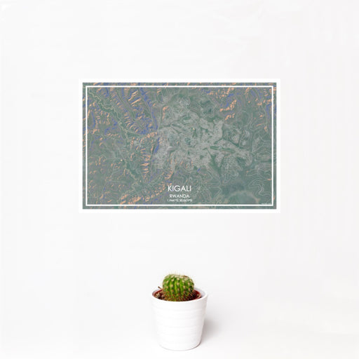 12x18 Kigali Rwanda Map Print Landscape Orientation in Afternoon Style With Small Cactus Plant in White Planter