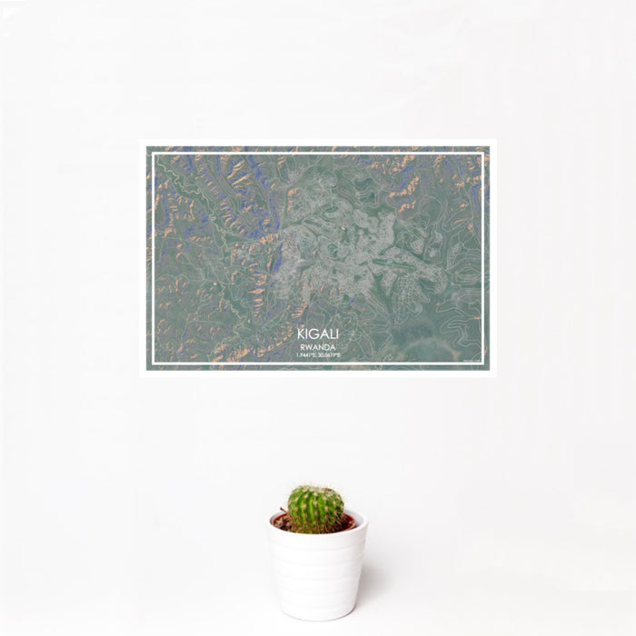 12x18 Kigali Rwanda Map Print Landscape Orientation in Afternoon Style With Small Cactus Plant in White Planter