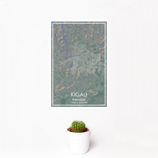 12x18 Kigali Rwanda Map Print Portrait Orientation in Afternoon Style With Small Cactus Plant in White Planter