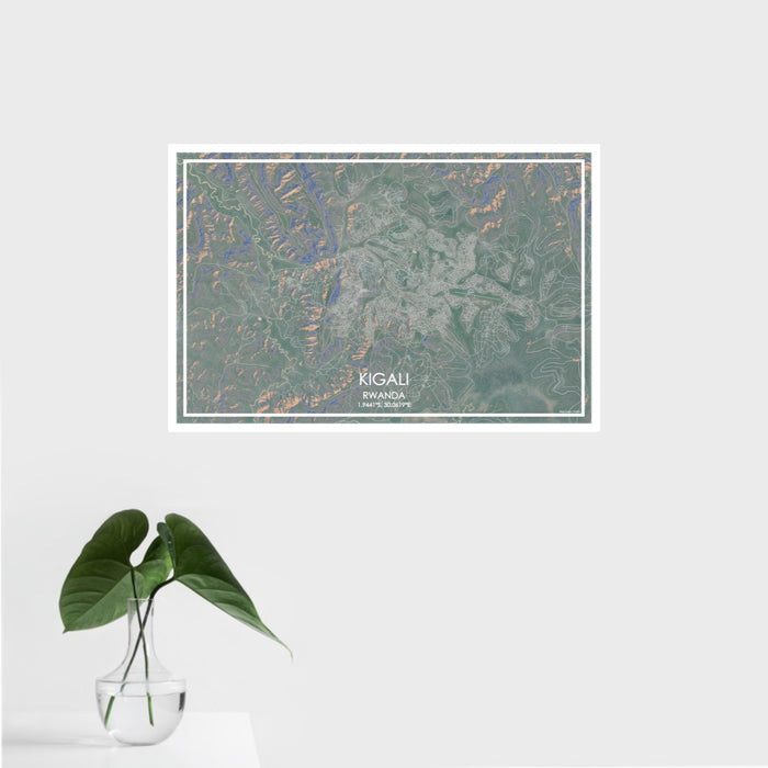 16x24 Kigali Rwanda Map Print Landscape Orientation in Afternoon Style With Tropical Plant Leaves in Water