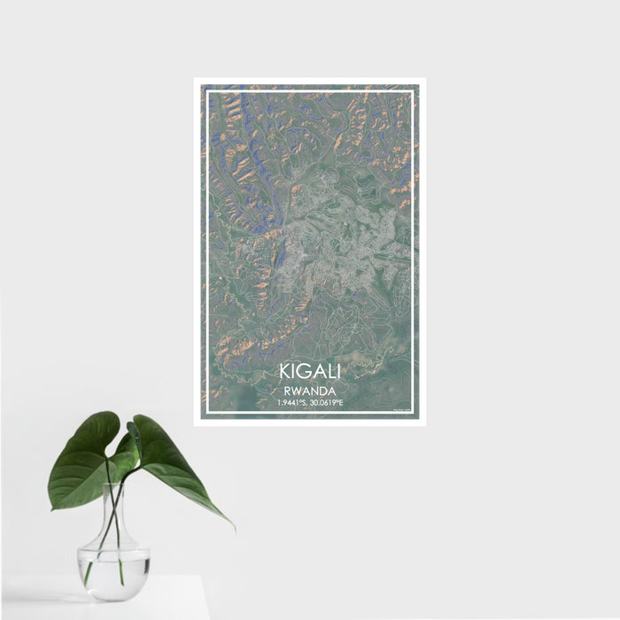 16x24 Kigali Rwanda Map Print Portrait Orientation in Afternoon Style With Tropical Plant Leaves in Water