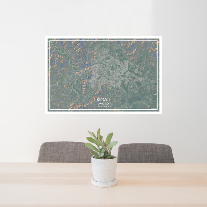 24x36 Kigali Rwanda Map Print Lanscape Orientation in Afternoon Style Behind 2 Chairs Table and Potted Plant