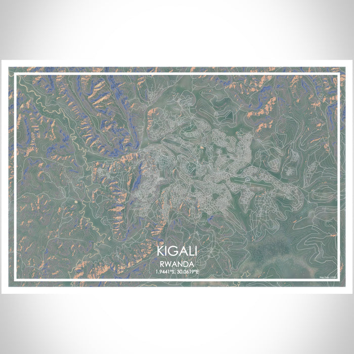 Kigali Rwanda Map Print Landscape Orientation in Afternoon Style With Shaded Background