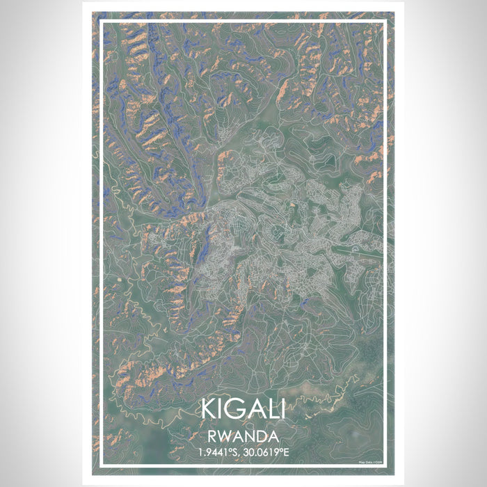 Kigali Rwanda Map Print Portrait Orientation in Afternoon Style With Shaded Background