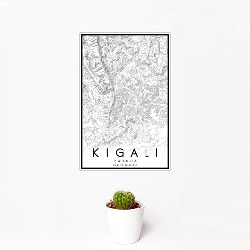 12x18 Kigali Rwanda Map Print Portrait Orientation in Classic Style With Small Cactus Plant in White Planter