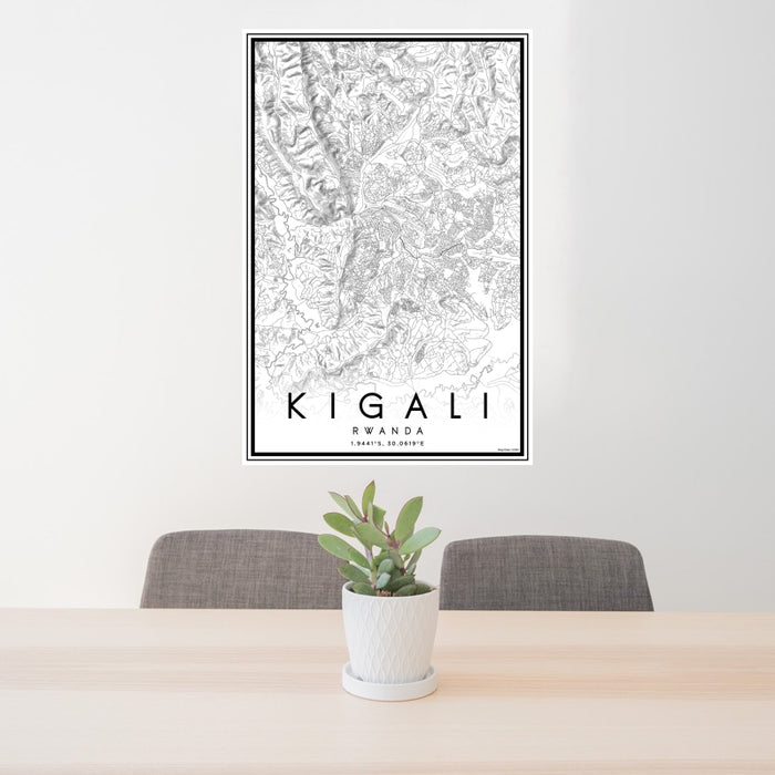 24x36 Kigali Rwanda Map Print Portrait Orientation in Classic Style Behind 2 Chairs Table and Potted Plant