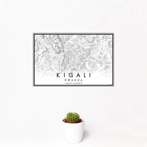 12x18 Kigali Rwanda Map Print Landscape Orientation in Classic Style With Small Cactus Plant in White Planter