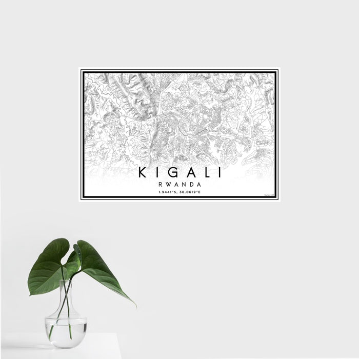 16x24 Kigali Rwanda Map Print Landscape Orientation in Classic Style With Tropical Plant Leaves in Water