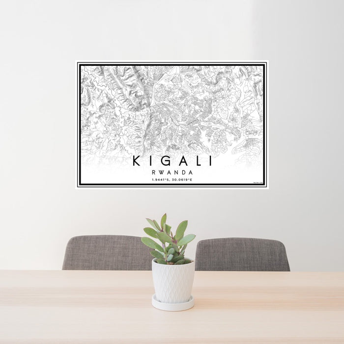 24x36 Kigali Rwanda Map Print Landscape Orientation in Classic Style Behind 2 Chairs Table and Potted Plant