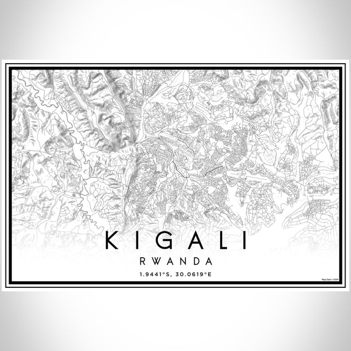 Kigali Rwanda Map Print Landscape Orientation in Classic Style With Shaded Background