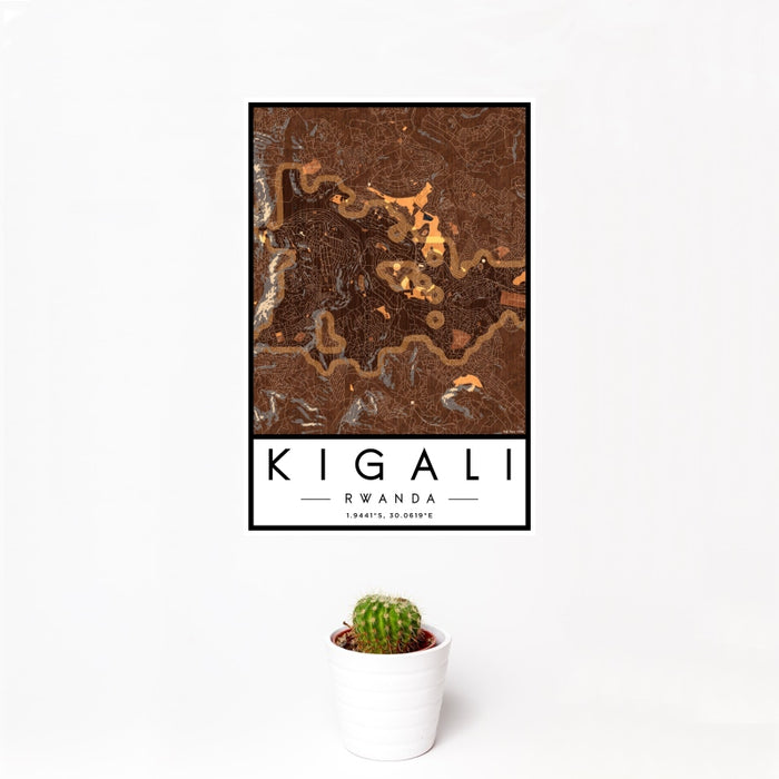 12x18 Kigali Rwanda Map Print Portrait Orientation in Ember Style With Small Cactus Plant in White Planter