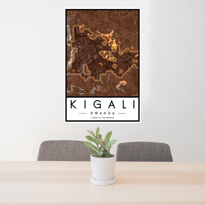 24x36 Kigali Rwanda Map Print Portrait Orientation in Ember Style Behind 2 Chairs Table and Potted Plant