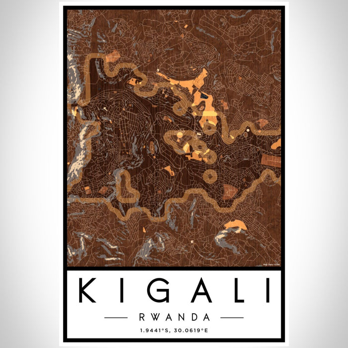 Kigali Rwanda Map Print Portrait Orientation in Ember Style With Shaded Background