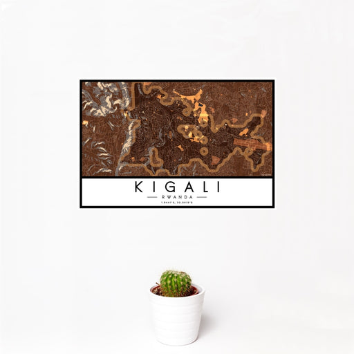 12x18 Kigali Rwanda Map Print Landscape Orientation in Ember Style With Small Cactus Plant in White Planter