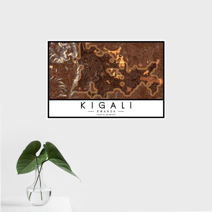 16x24 Kigali Rwanda Map Print Landscape Orientation in Ember Style With Tropical Plant Leaves in Water