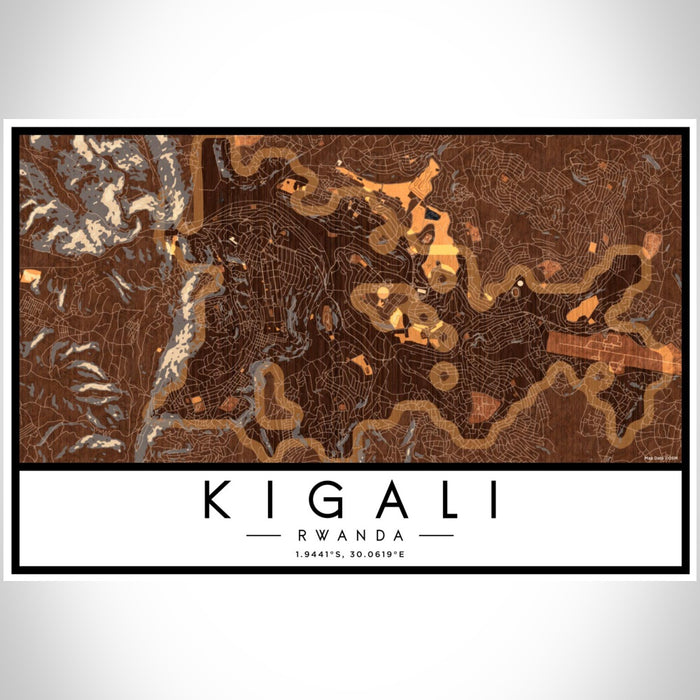 Kigali Rwanda Map Print Landscape Orientation in Ember Style With Shaded Background