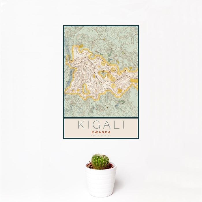 12x18 Kigali Rwanda Map Print Portrait Orientation in Woodblock Style With Small Cactus Plant in White Planter
