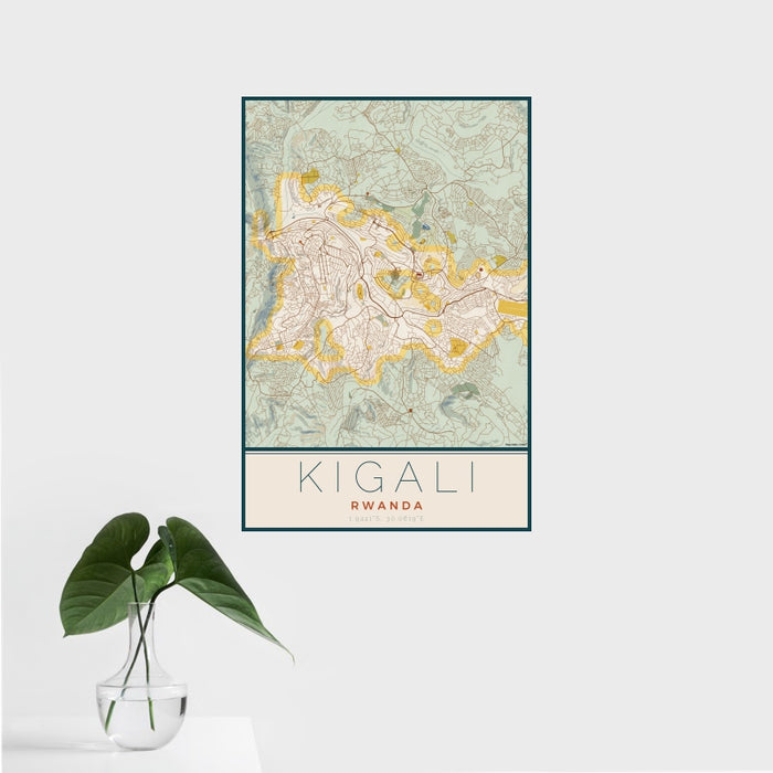 16x24 Kigali Rwanda Map Print Portrait Orientation in Woodblock Style With Tropical Plant Leaves in Water