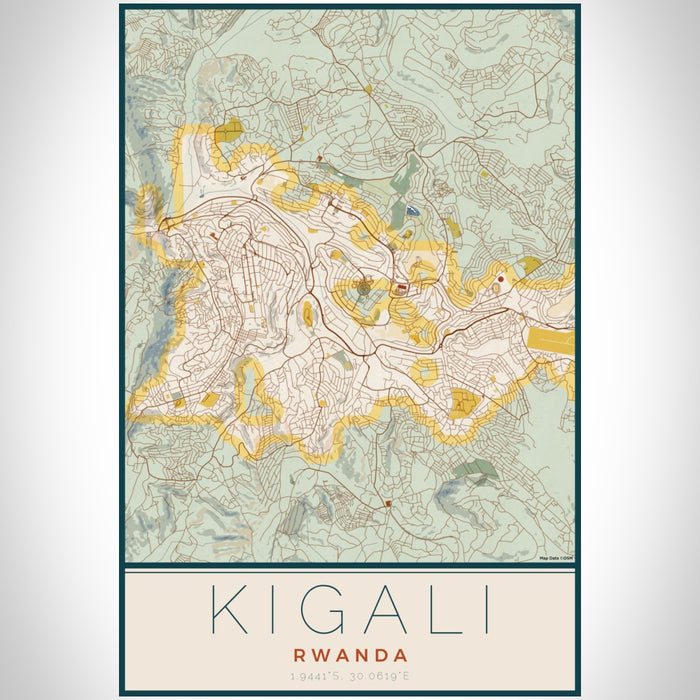Kigali Rwanda Map Print Portrait Orientation in Woodblock Style With Shaded Background