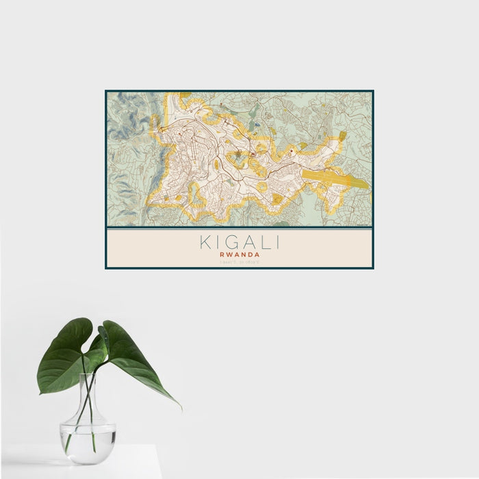 16x24 Kigali Rwanda Map Print Landscape Orientation in Woodblock Style With Tropical Plant Leaves in Water