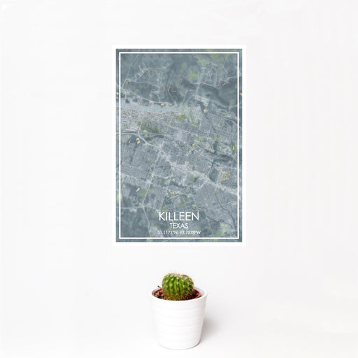 12x18 Killeen Texas Map Print Portrait Orientation in Afternoon Style With Small Cactus Plant in White Planter