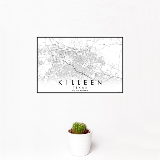 12x18 Killeen Texas Map Print Landscape Orientation in Classic Style With Small Cactus Plant in White Planter