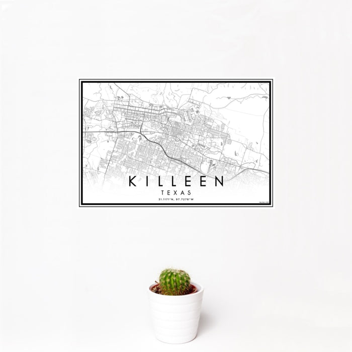 12x18 Killeen Texas Map Print Landscape Orientation in Classic Style With Small Cactus Plant in White Planter
