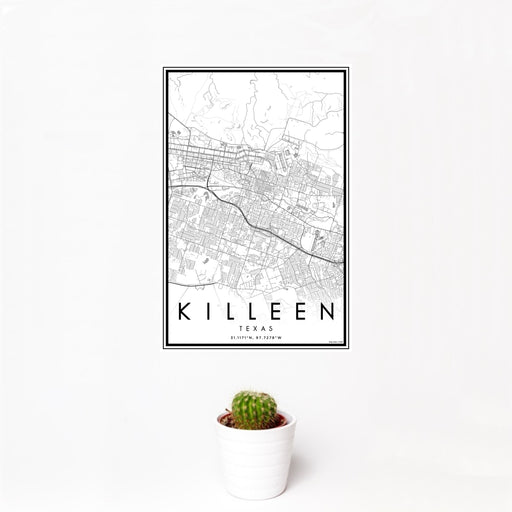 12x18 Killeen Texas Map Print Portrait Orientation in Classic Style With Small Cactus Plant in White Planter