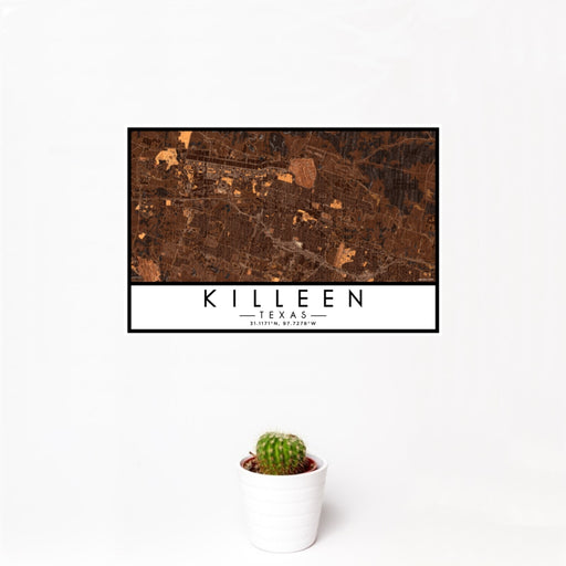 12x18 Killeen Texas Map Print Landscape Orientation in Ember Style With Small Cactus Plant in White Planter