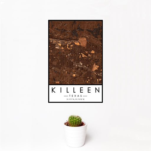 12x18 Killeen Texas Map Print Portrait Orientation in Ember Style With Small Cactus Plant in White Planter