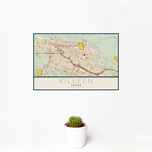 12x18 Killeen Texas Map Print Landscape Orientation in Woodblock Style With Small Cactus Plant in White Planter