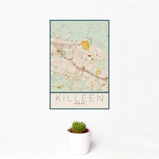 12x18 Killeen Texas Map Print Portrait Orientation in Woodblock Style With Small Cactus Plant in White Planter