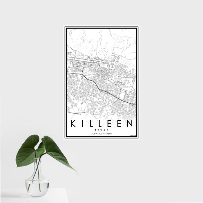 16x24 Killeen Texas Map Print Portrait Orientation in Classic Style With Tropical Plant Leaves in Water