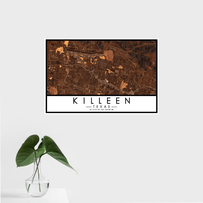16x24 Killeen Texas Map Print Landscape Orientation in Ember Style With Tropical Plant Leaves in Water