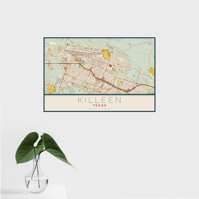 16x24 Killeen Texas Map Print Landscape Orientation in Woodblock Style With Tropical Plant Leaves in Water