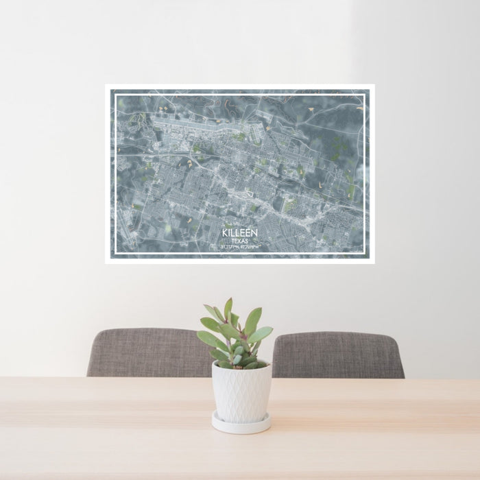 24x36 Killeen Texas Map Print Lanscape Orientation in Afternoon Style Behind 2 Chairs Table and Potted Plant