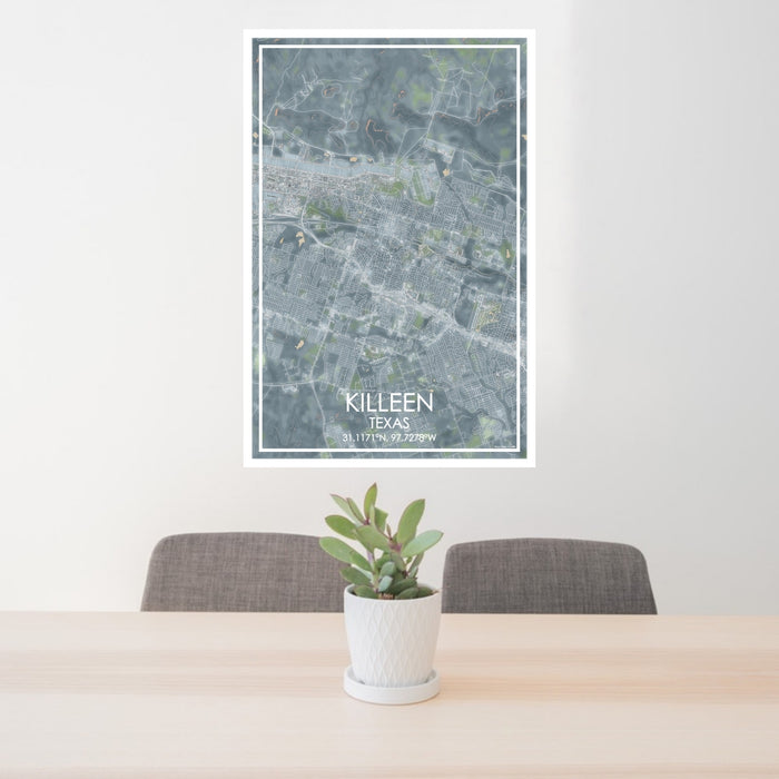 24x36 Killeen Texas Map Print Portrait Orientation in Afternoon Style Behind 2 Chairs Table and Potted Plant