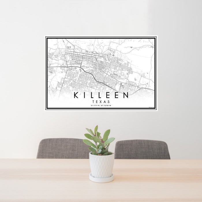 24x36 Killeen Texas Map Print Lanscape Orientation in Classic Style Behind 2 Chairs Table and Potted Plant