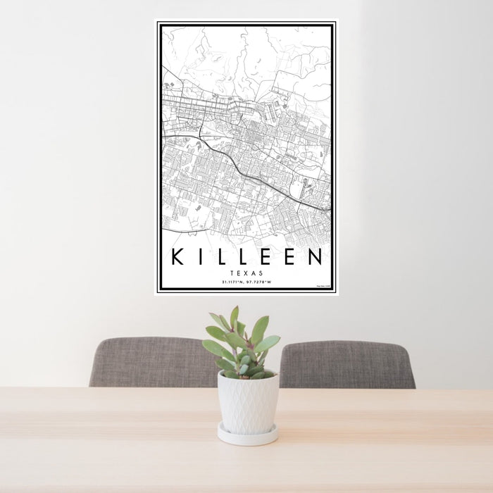 24x36 Killeen Texas Map Print Portrait Orientation in Classic Style Behind 2 Chairs Table and Potted Plant